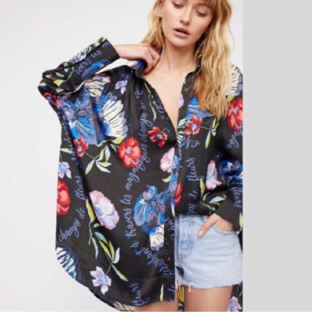Free People | Silky Nights Button Up Bird Floral Blossom Oversize Blouse